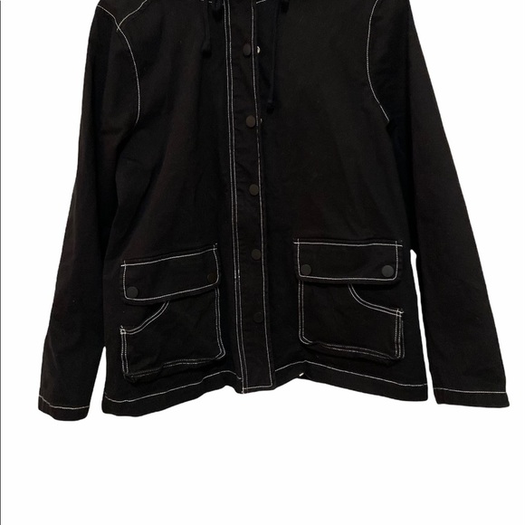 ModCloth Uncharted Territory Hooded Anorak Jacket in black with white stitching. - Picture 4 of 11